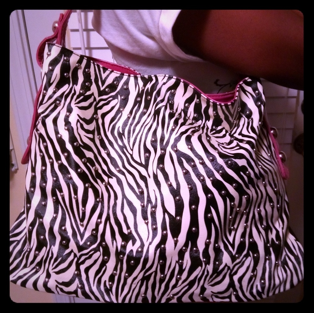 Zebra & Pink Large Handbag/ with Metal Studs